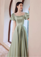 Elegant Green A-Line Puff Sleeve Satin Long Prom Dress Evening Dress Bridesmaid DressP4574