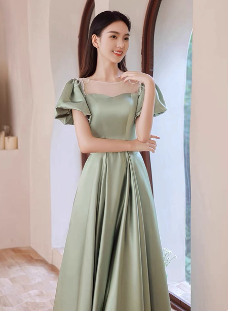 Elegant Green A-Line Puff Sleeve Satin Long Prom Dress Evening Dress Bridesmaid DressP4574