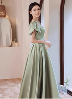 Elegant Green A-Line Puff Sleeve Satin Long Prom Dress Evening Dress Bridesmaid DressP4574