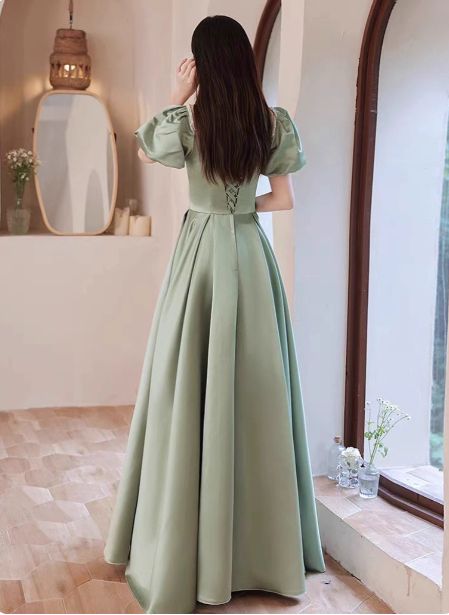 Elegant Green A-Line Puff Sleeve Satin Long Prom Dress Evening Dress Bridesmaid DressP4574