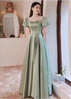 Elegant Green A-Line Puff Sleeve Satin Long Prom Dress Evening Dress Bridesmaid DressP4574