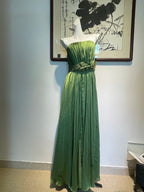 Elegant Green A-Line Spaghetti Strap Pleated Beaded Satin Long Prom Dress Evening Dress Bridesmaid Dress