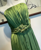 Elegant Green A-Line Spaghetti Strap Pleated Beaded Satin Long Prom Dress Evening Dress Bridesmaid Dress
