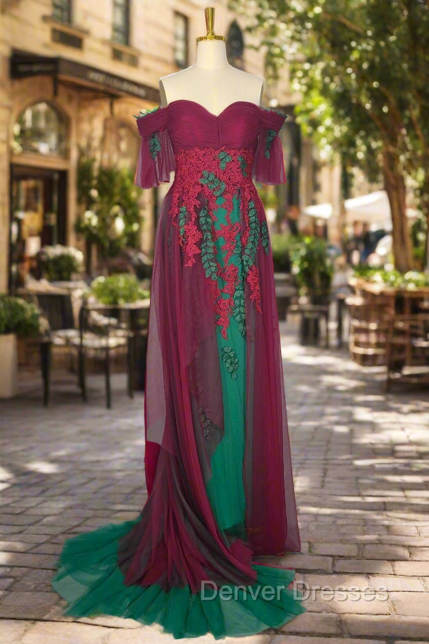 Elegant Green Off The Shoulder Tulle Prom Dress Vintage Prom Gowns