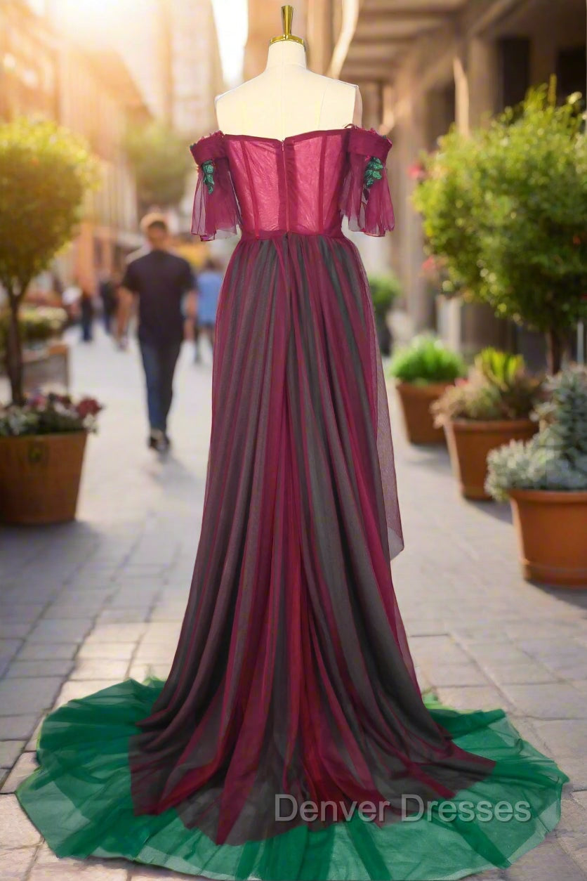 Elegant Green Off The Shoulder Tulle Prom Dress Vintage Prom Gowns