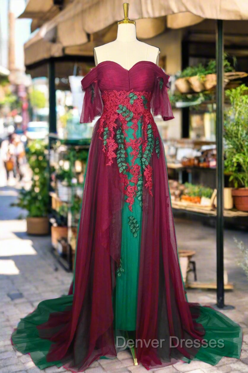 Elegant Green Off The Shoulder Tulle Prom Dress Vintage Prom Gowns Main image