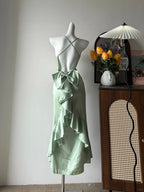 Elegant Green Slim Fit Halter Backless Ruffle Satin Prom Dress Evening Dress