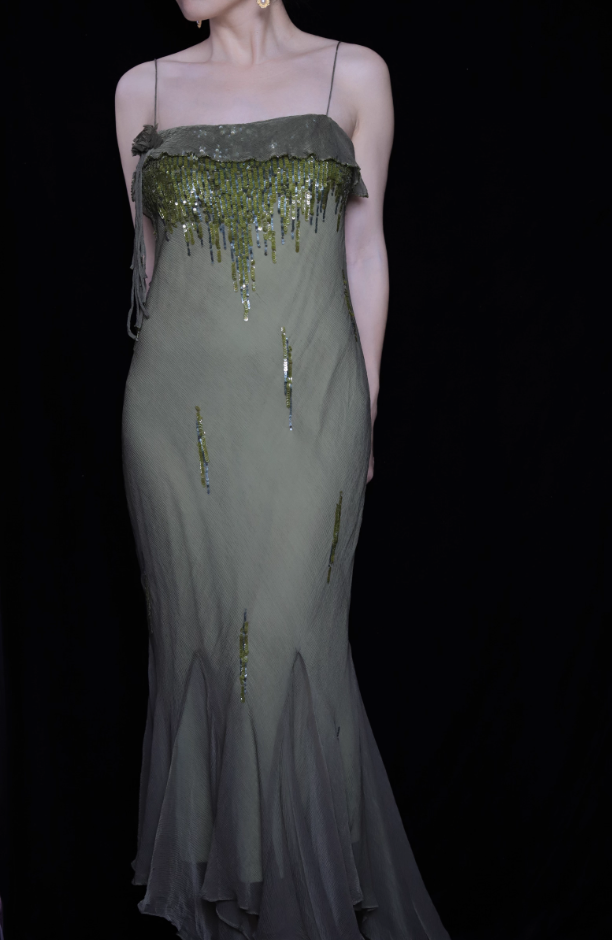 Elegant Green Spaghetti Strap Mermaid Ruffle Sequin Chiffon Long Prom Dress Evening Dress
