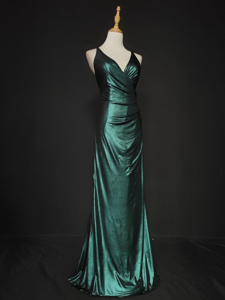 Elegant Green Spaghetti Strap V-Neck Ruffled Satin Long Prom Dress Evening Dress Secondary image