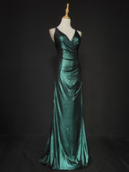 Elegant Green Spaghetti Strap V-Neck Ruffled Satin Long Prom Dress Evening Dress