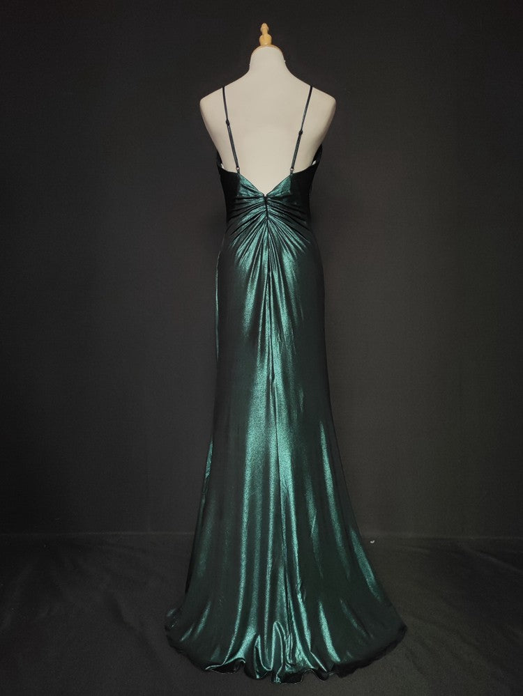 Elegant Green Spaghetti Strap V-Neck Ruffled Satin Long Prom Dress Evening Dress