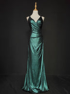 Elegant Green Spaghetti Strap V-Neck Ruffled Satin Long Prom Dress Evening Dress