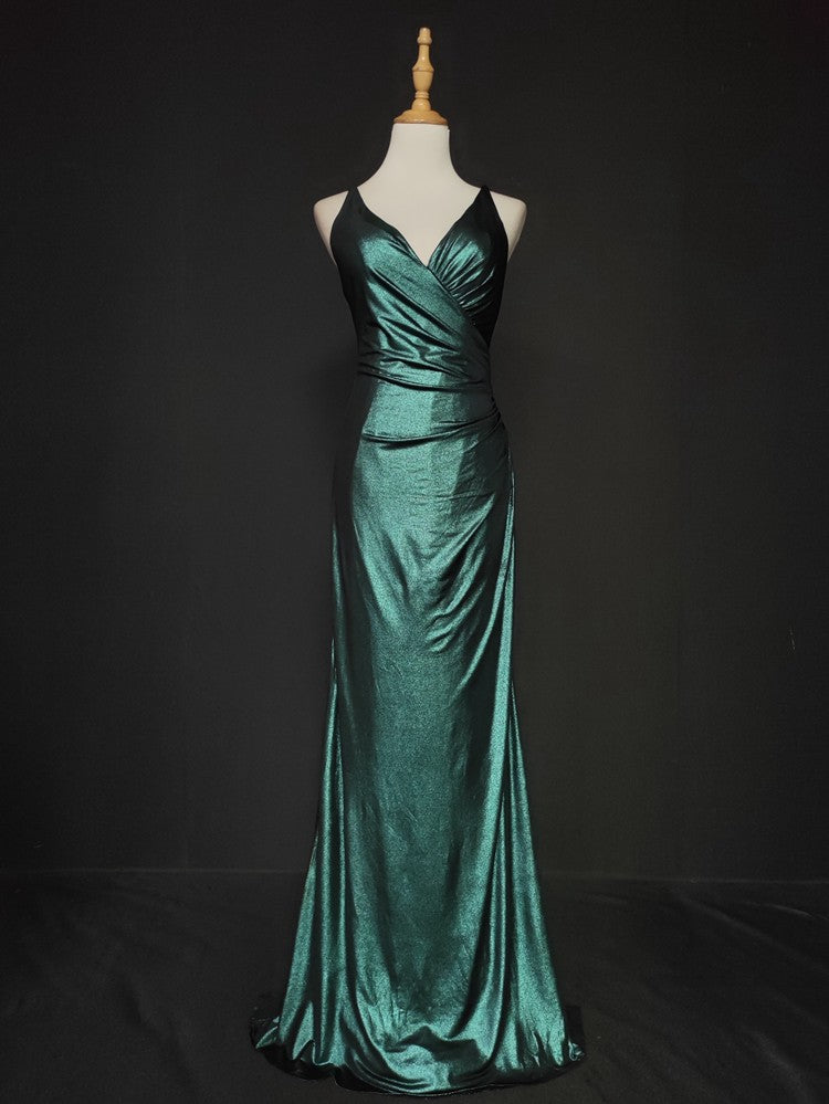 Elegant Green Spaghetti Strap V-Neck Ruffled Satin Long Prom Dress Evening Dress