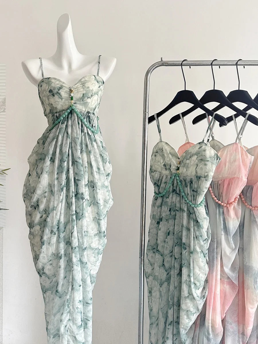 Elegant Green Strap Waist Chiffon Long Prom Dress Evening Dress