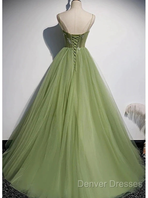 Elegant Green Tulle Spaghetti Straps A-Line Long Prom Dress Formal Dress, Secondary image