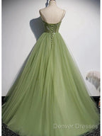 Elegant Green Tulle Spaghetti Straps A-Line Long Prom Dress Formal Dress,