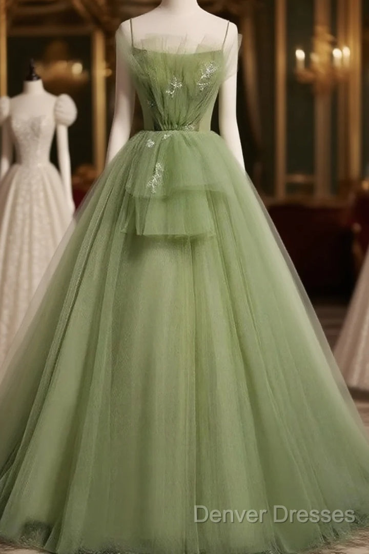 Elegant Green Tulle Spaghetti Straps A-Line Long Prom Dress Formal Dress,