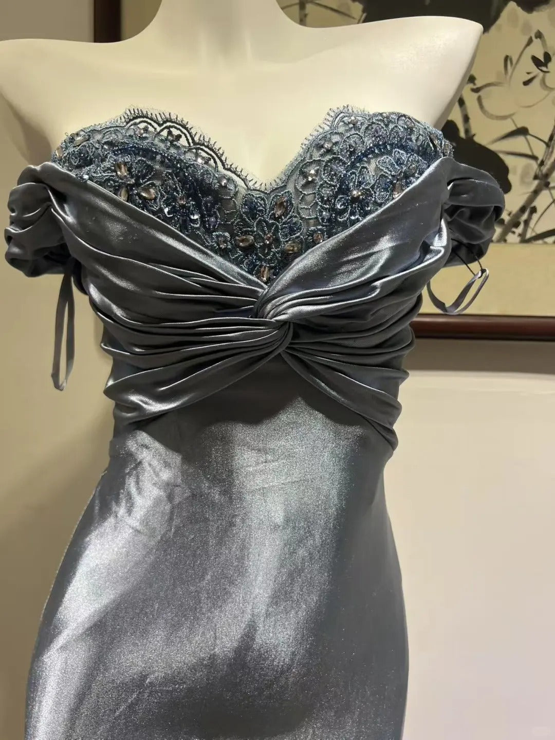 Elegant Grey-Blue Lace Knotted Satin Mermaid Long Prom Dress Evening Dress