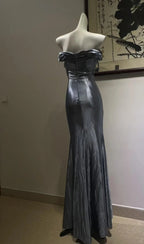 Elegant Grey-Blue Lace Knotted Satin Mermaid Long Prom Dress Evening Dress