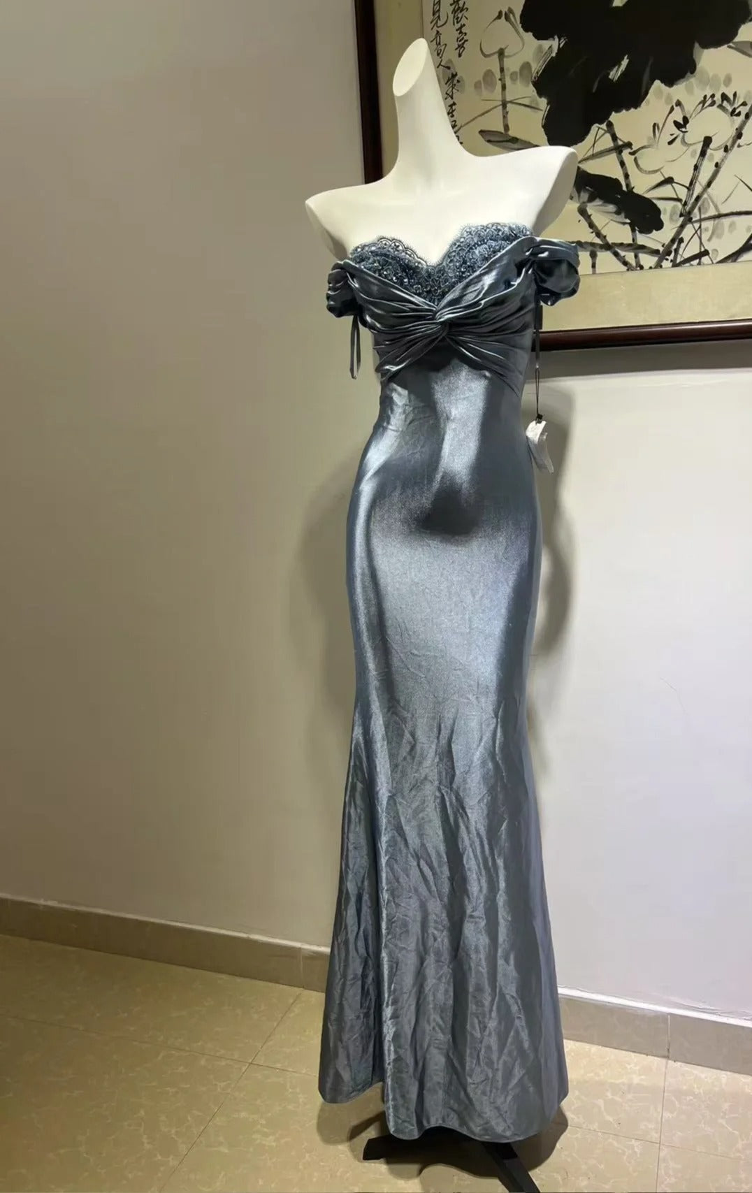 Elegant Grey-Blue Lace Knotted Satin Mermaid Long Prom Dress Evening Dress Main image