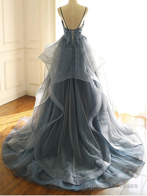 Elegant Grey Blue Tulle A-Line Spaghetti Straps V-Neck Long Prom Dresses Evening Dress, Secondary image