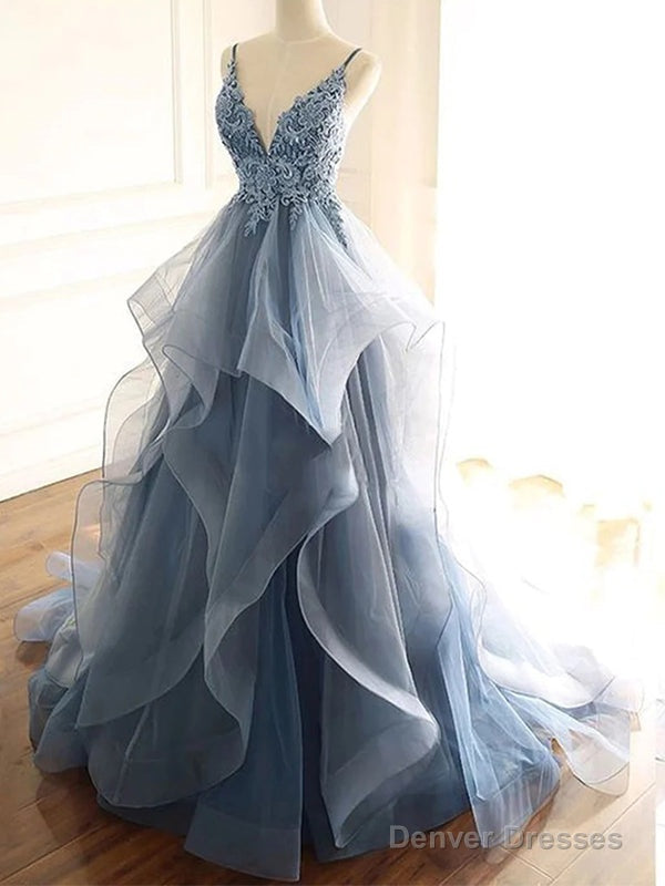 Elegant Grey Blue Tulle A-Line Spaghetti Straps V-Neck Long Prom Dresses Evening Dress, Main image