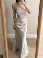 Elegant Grey Mermaid Halter Neck Square Neck Satin Tulle Long Prom Dress Evening Dress