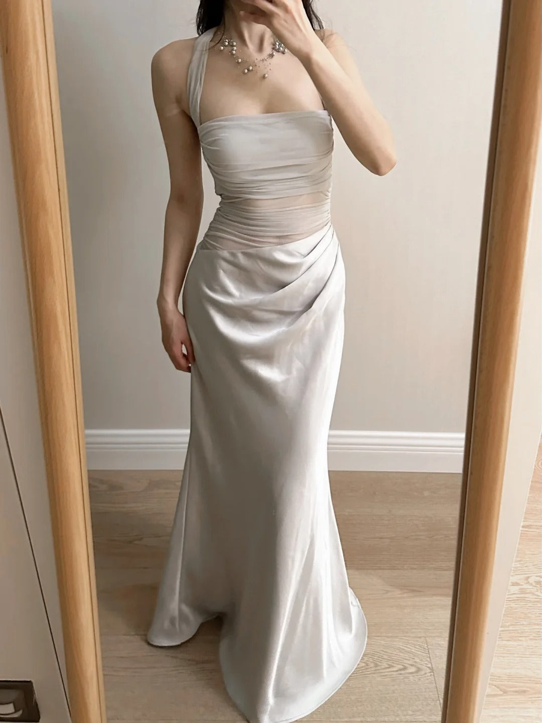 Elegant Grey Mermaid Halter Neck Square Neck Satin Tulle Long Prom Dress Evening Dress