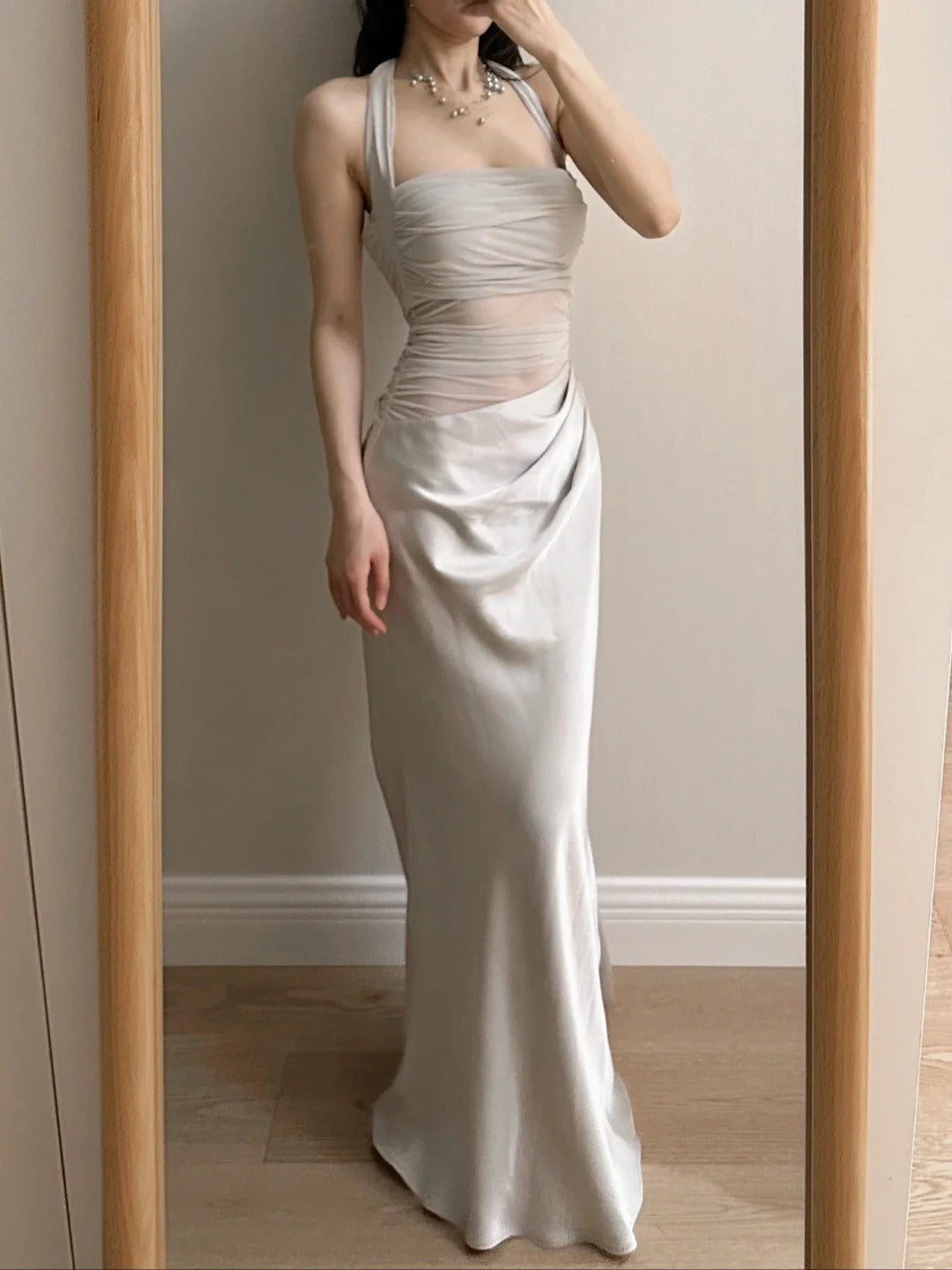Elegant Grey Mermaid Halter Neck Square Neck Satin Tulle Long Prom Dress Evening Dress Main image
