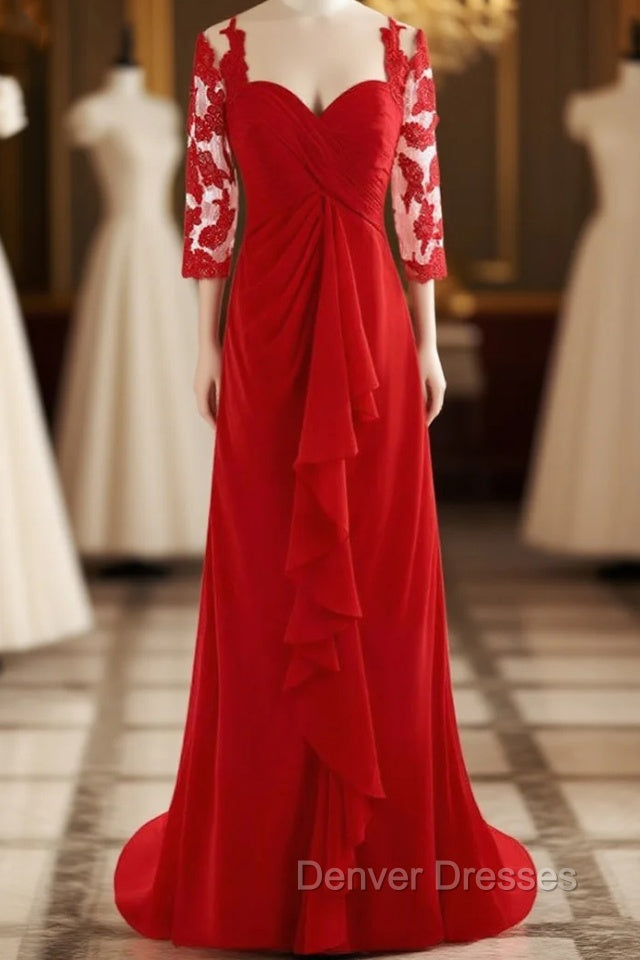 Elegant Half Sleeve Chiffon Pleat Red Lace Mother of the Bride Dress