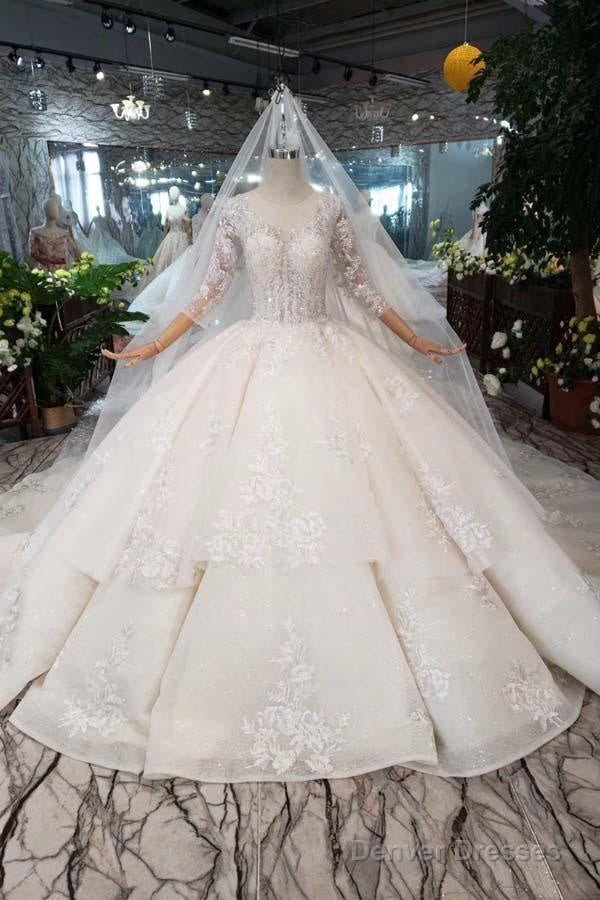 Elegant Half Sleeves Ball Gown Lace Layer Wedding Dress Main image