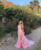 3D Flowers Prom Dress Strapless Split A-Line Dubai Arabia Women Evening Gowns Formal Special Occasion Dress Vestidos