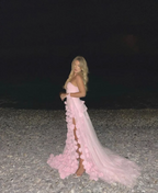 3D Flowers Prom Dress Strapless Split A-Line Dubai Arabia Women Evening Gowns Formal Special Occasion Dress Vestidos
