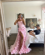 3D Flowers Prom Dress Strapless Split A-Line Dubai Arabia Women Evening Gowns Formal Special Occasion Dress Vestidos