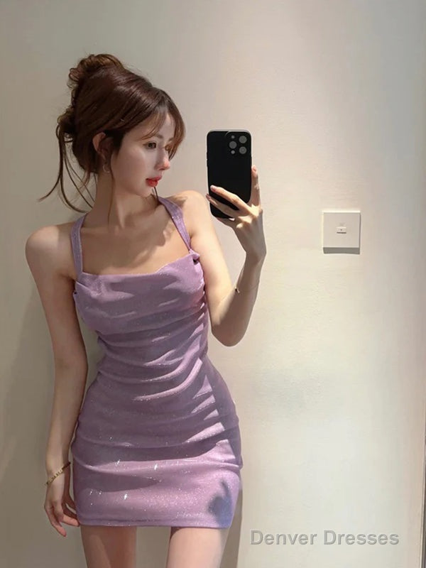 Elegant Halter Mermaid Short Purple Homecoming Dresses Online, Main image
