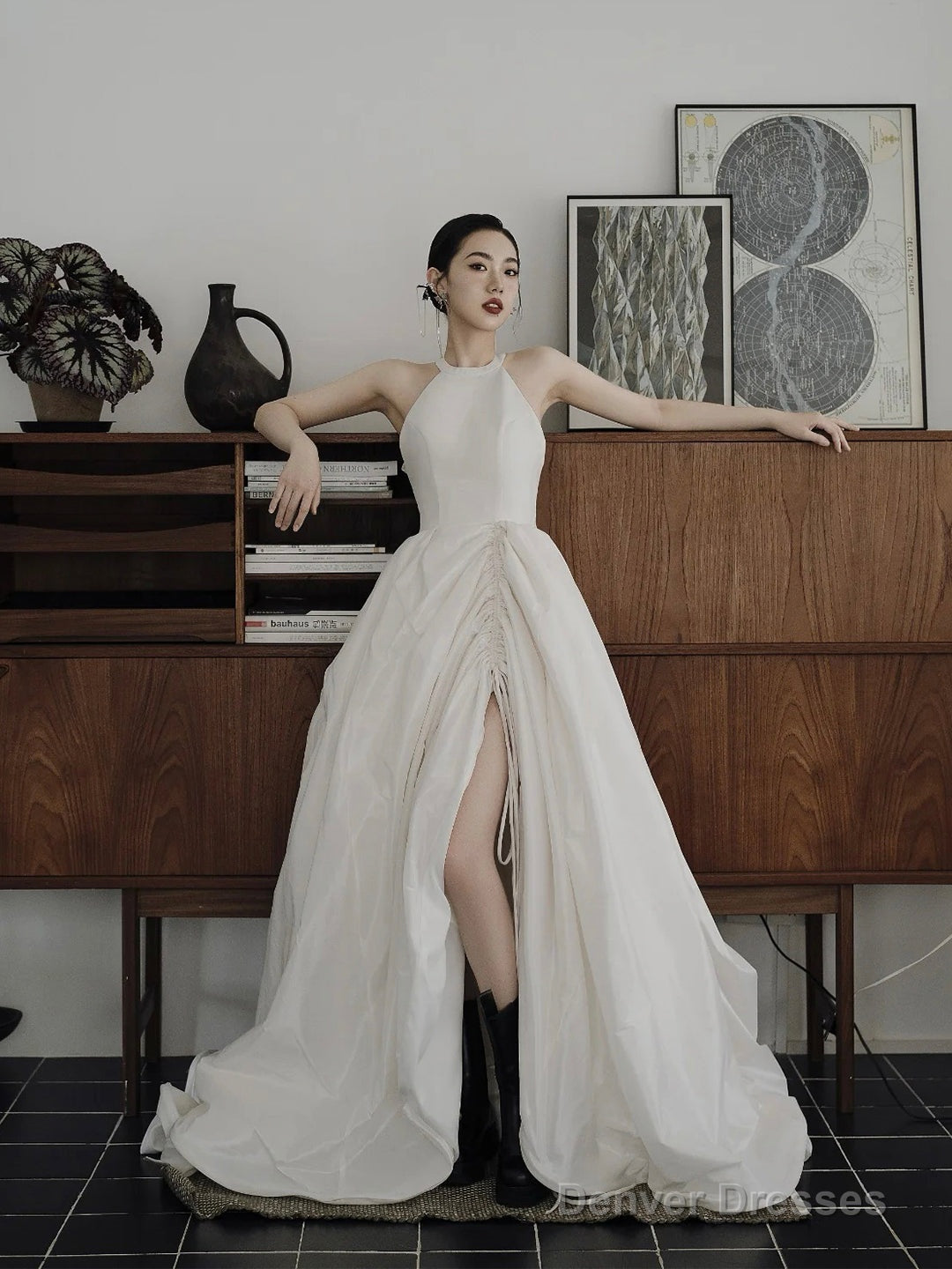 Elegant Halter Satin Long Prom Dress, A-Line Satin Evening Party Dress