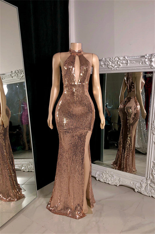 Elegant Halter Sleeveless Mermaid Prom Dresses Column Side Split With Zipper Main image