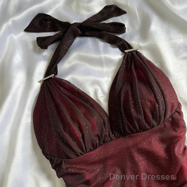 Elegant Halter Straps Ombre Burgundy Long Chiffon Prom Dress