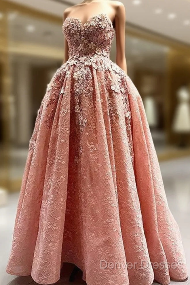 Elegant Handmade Flower Sweetheart Pink Lace Prom Dress Main image