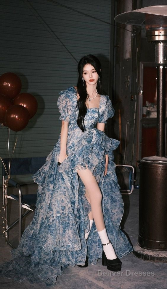 Elegant High Low Blue Floral Prom Dresses Long Formal Dress