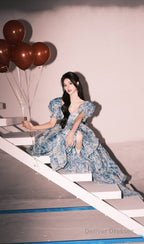 Elegant High Low Blue Floral Prom Dresses Long Formal Dress