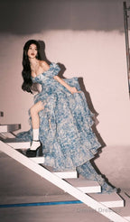 Elegant High Low Blue Floral Prom Dresses Long Formal Dress