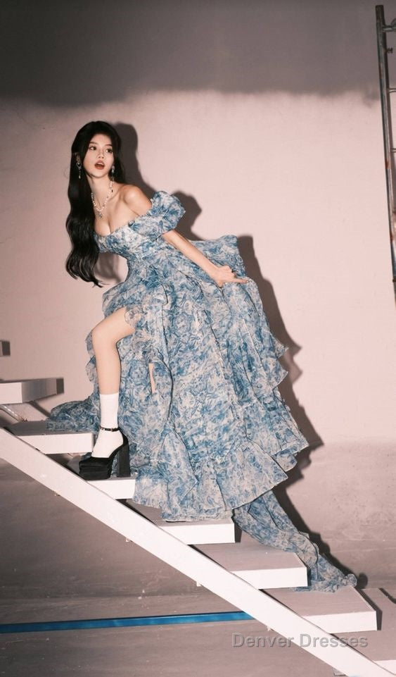 Elegant High Low Blue Floral Prom Dresses Long Formal Dress