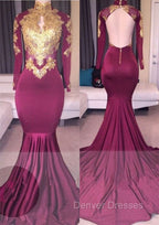 Elegant High-Neck Long-Sleeves Gold-Appliques Backless Prom Dress