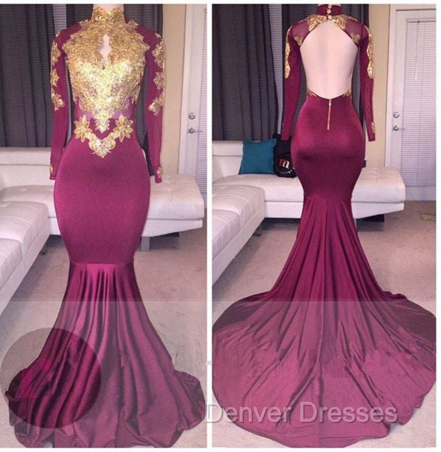Elegant High-Neck Long-Sleeves Gold-Appliques Backless Prom Dress