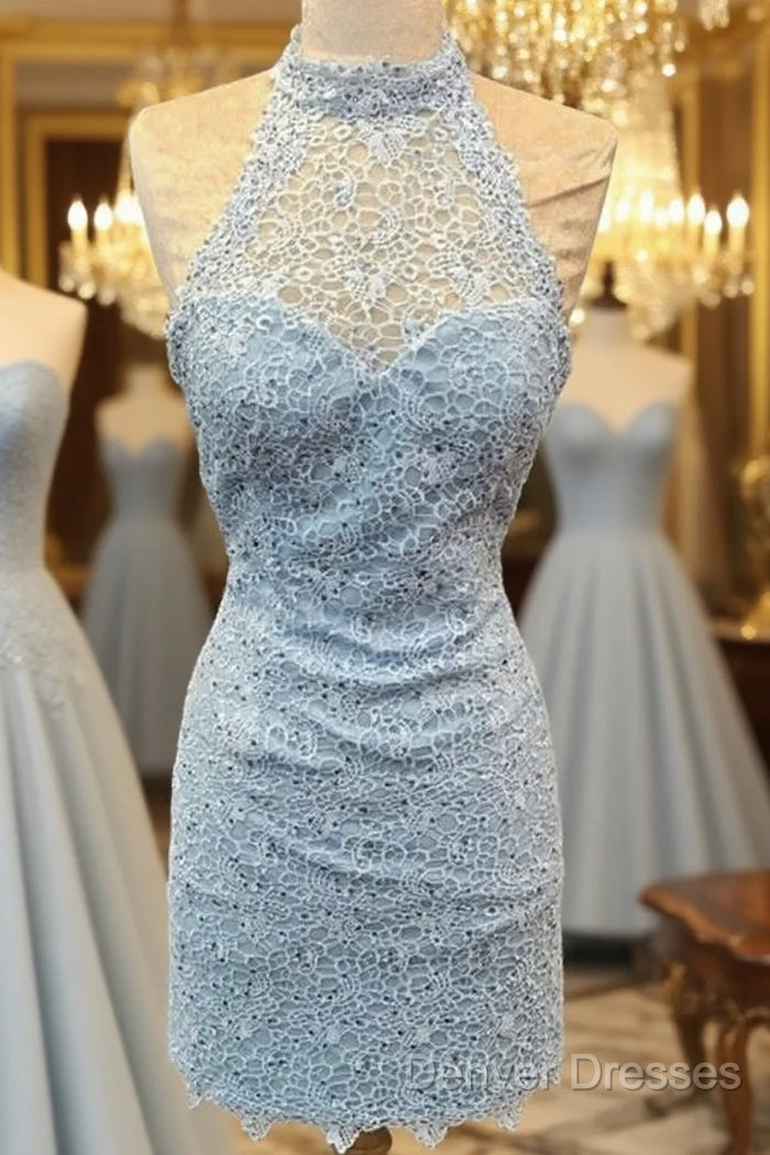 Elegant High Neck Open Back Lace Homecoming Dress Sheath Party Dress Main image