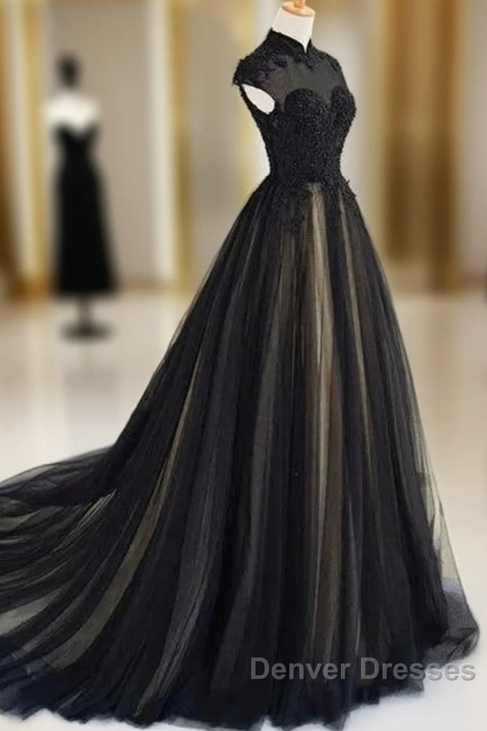 Elegant High Neck Prom Dress Black Formal Dress A Line Floor Length Evening Dress Main image