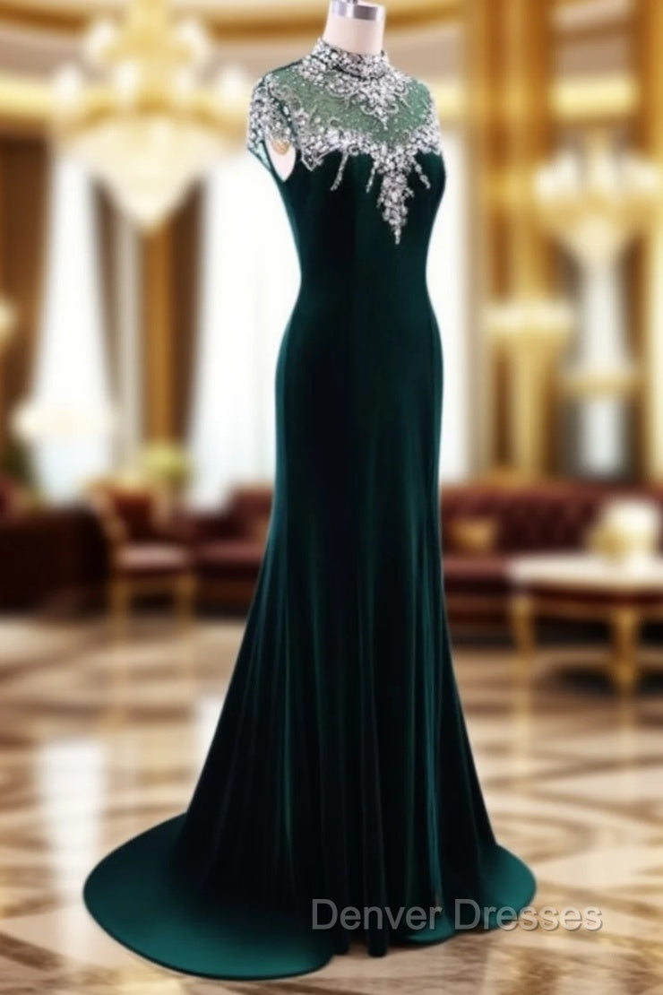 Elegant High Neck Prom Dress Green Mermaid Evening Dress