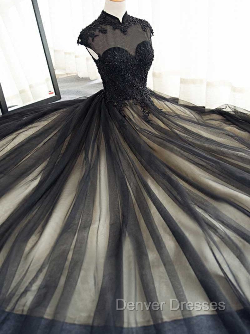 Elegant High Neck Swee Train Rhinestone Prom Dress, Black Formal Dress Main image