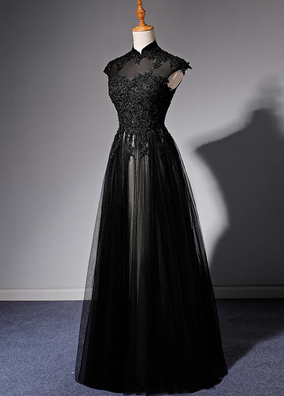 Elegant High Neckline Black Evening Dress, Tulle With Lace Applique Prom Dress Secondary image